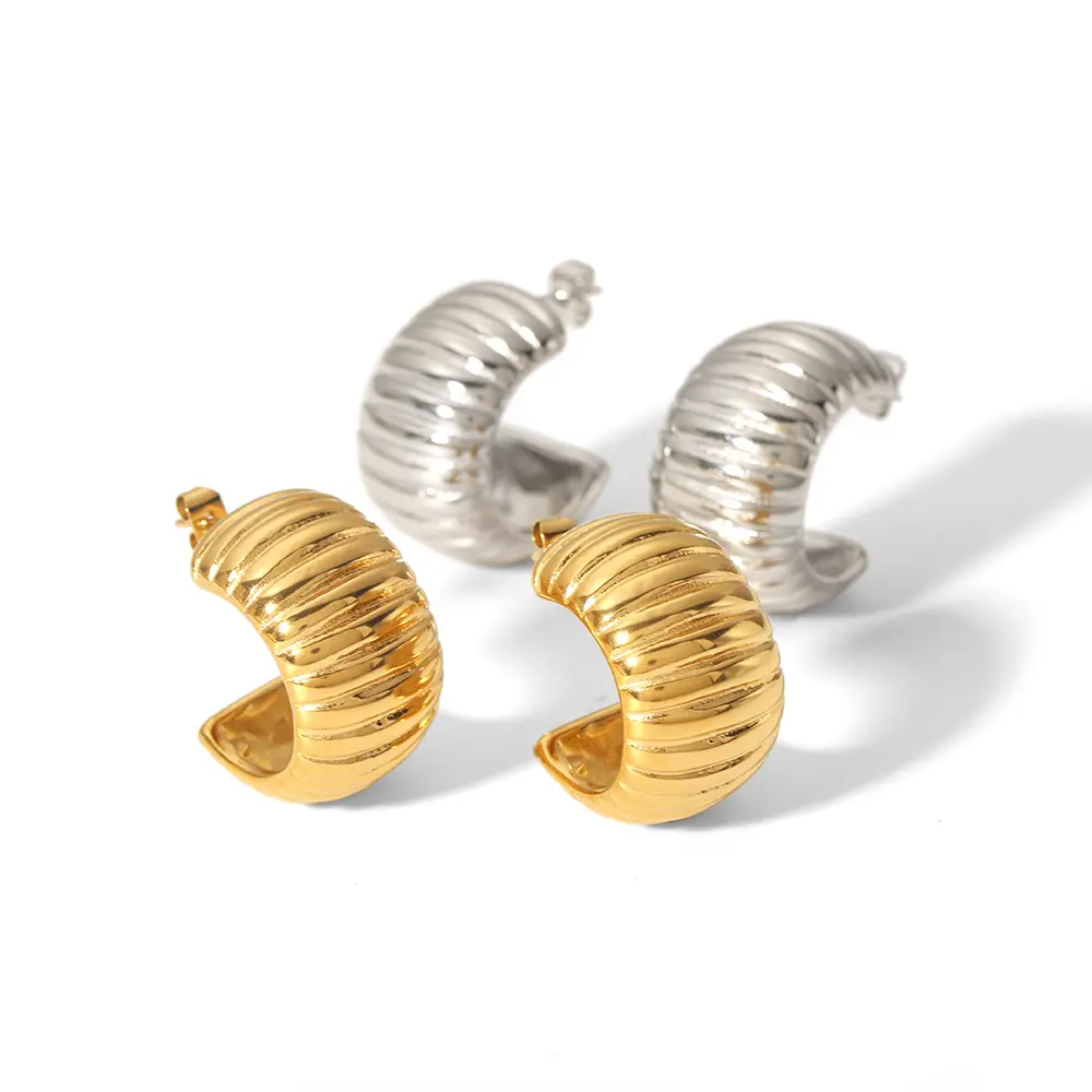 1 Pair Minimalist Punk Style Chunky Stripe Texture C Shape Stainless Steel 18K Gold Plated Women's Stud Earrings h5 